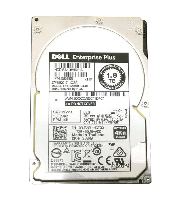 Dell 3J6N9 1.8TB 10000RPM SAS 12Gb/S Hot-Pluggable 128MB Cache (4Kn) 2.5-Inch Hard Drive With Tray For EqualLogic Storage Array Dell Part Number: 3J6N9 - New