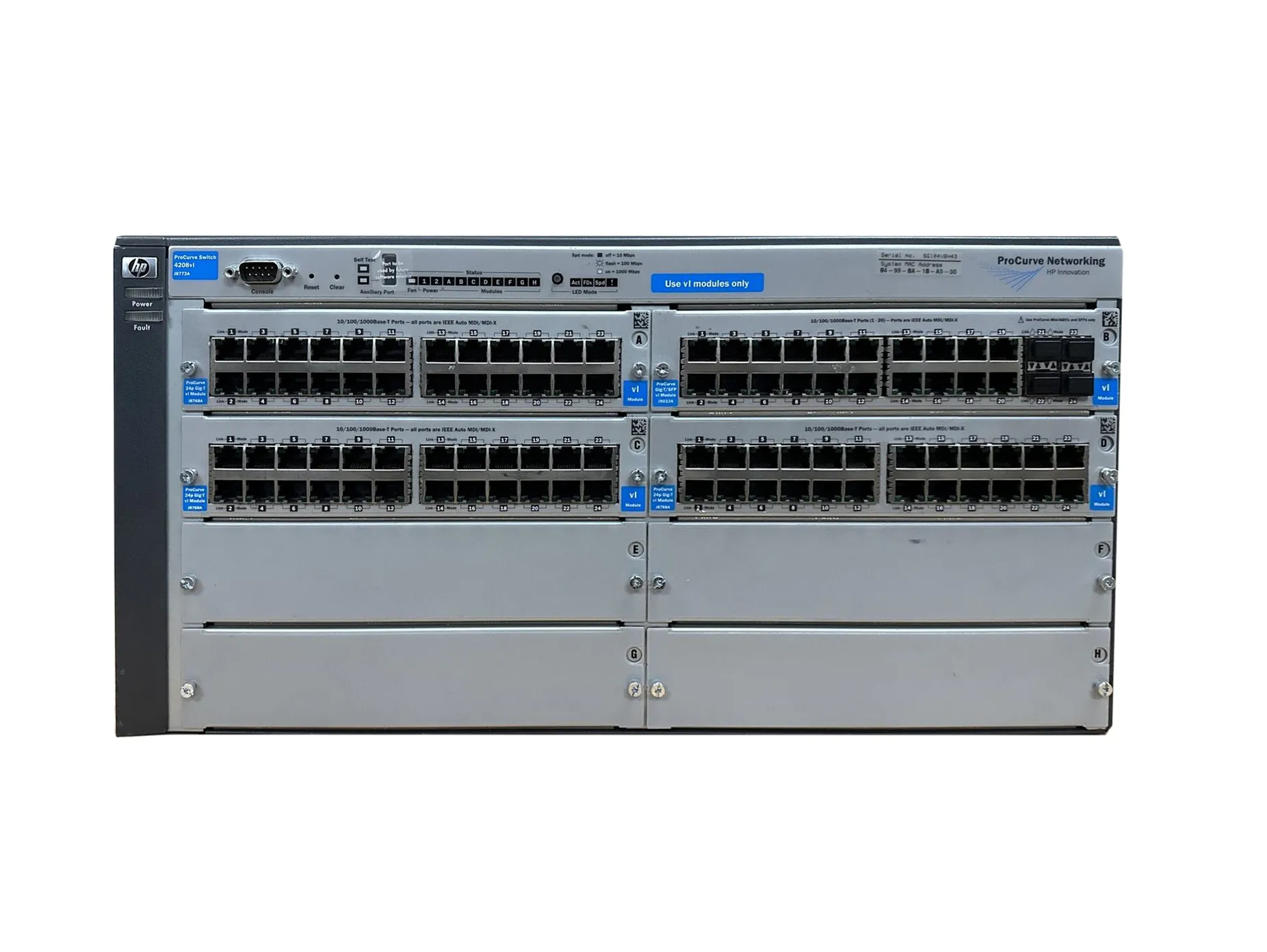 HP J8773AZ ProCurve 4208vl 8 X Ports 1000Base-T + 1 X Port RS-232C DB-9 5U Rack-Mountable Switch Chassis HP Part Number: J8773AZ - New